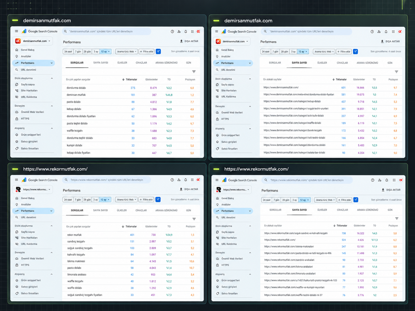Demirsan ve Rekor Search Console performans karşılaştırması