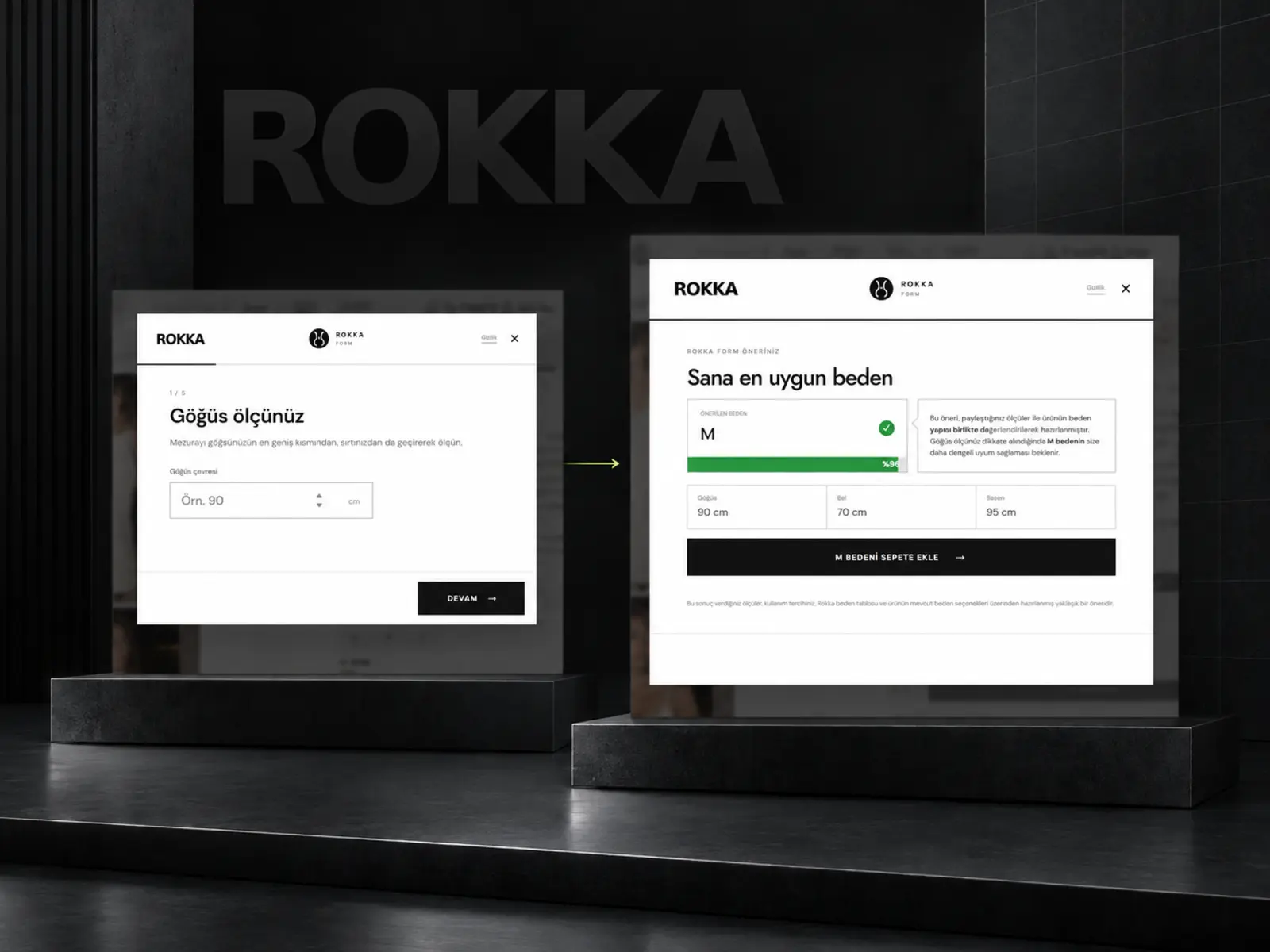 Rokka Fit Form ölçü girişi ve beden önerisi ekranları