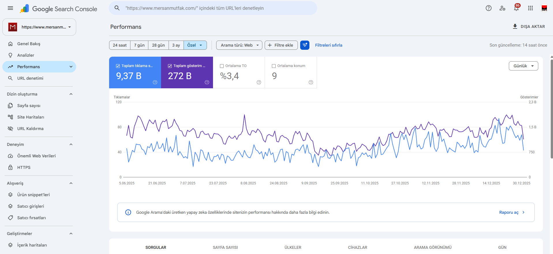 Search Console · 5 Haziran–31 Aralık 2025