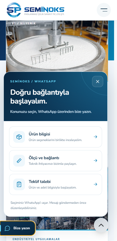 Mobil WhatsApp · ürün, ölçü ve teklif seçenekleri